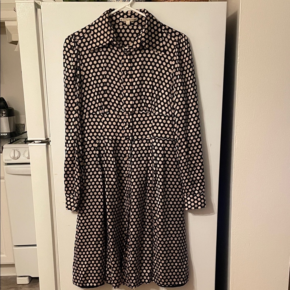 Nanette Lepore Size 6 100% Silk Black Cream Polka Dot Long Sleeve Collared Dress